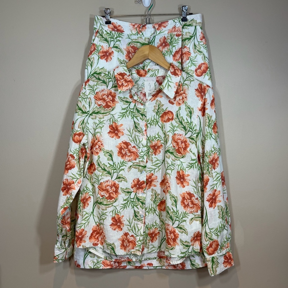 Joie Orange Peony Floral Button-Front Short Peasant Skirt Set 100% Linen Medium